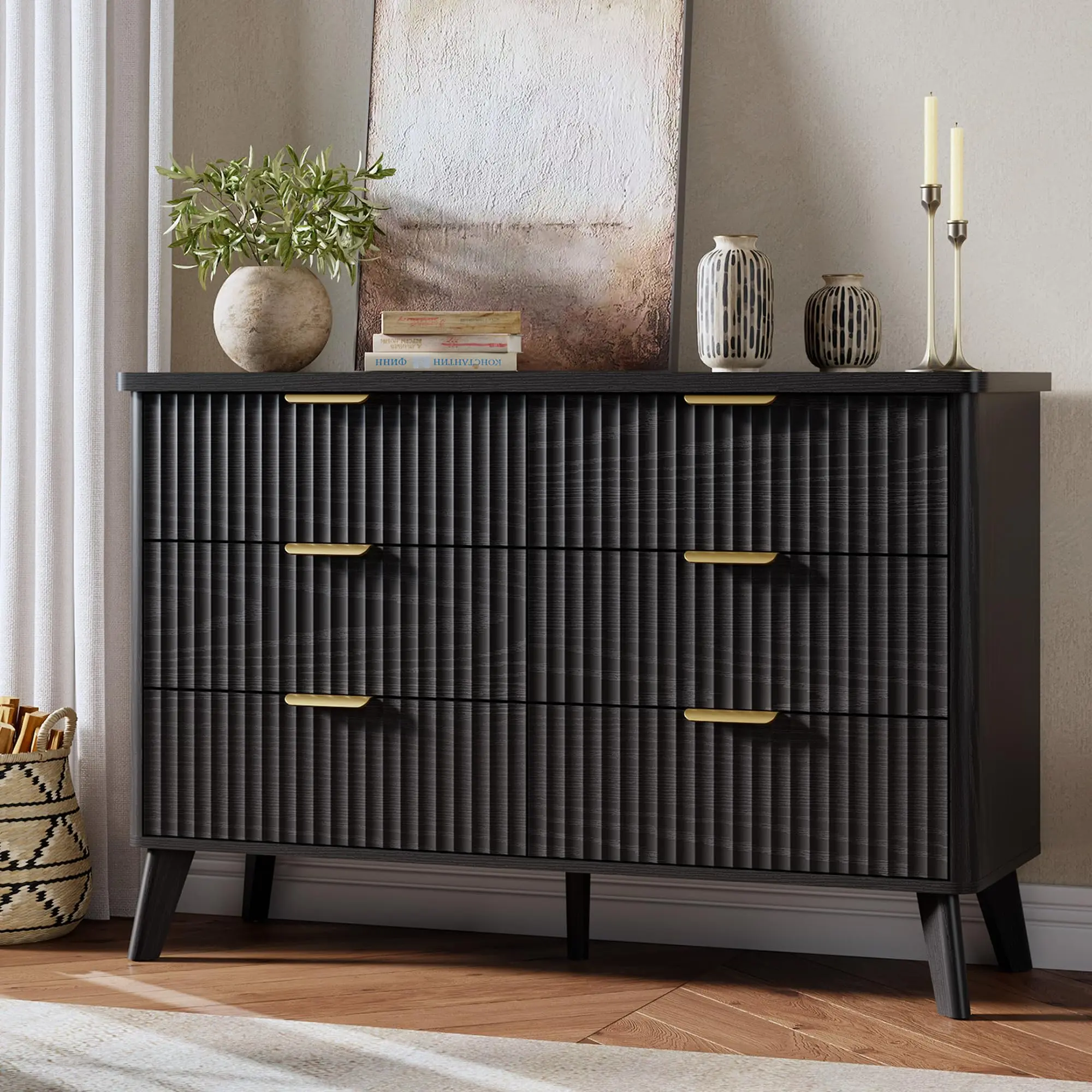 Modern Fluted 6-Drawer Dresser – 47.2'' Wide Tall Wooden Chest with Deep Storage, Curved Profile, Faux Marble Top Option – Versatile for Bedroom, Nursery, Hallway – Black