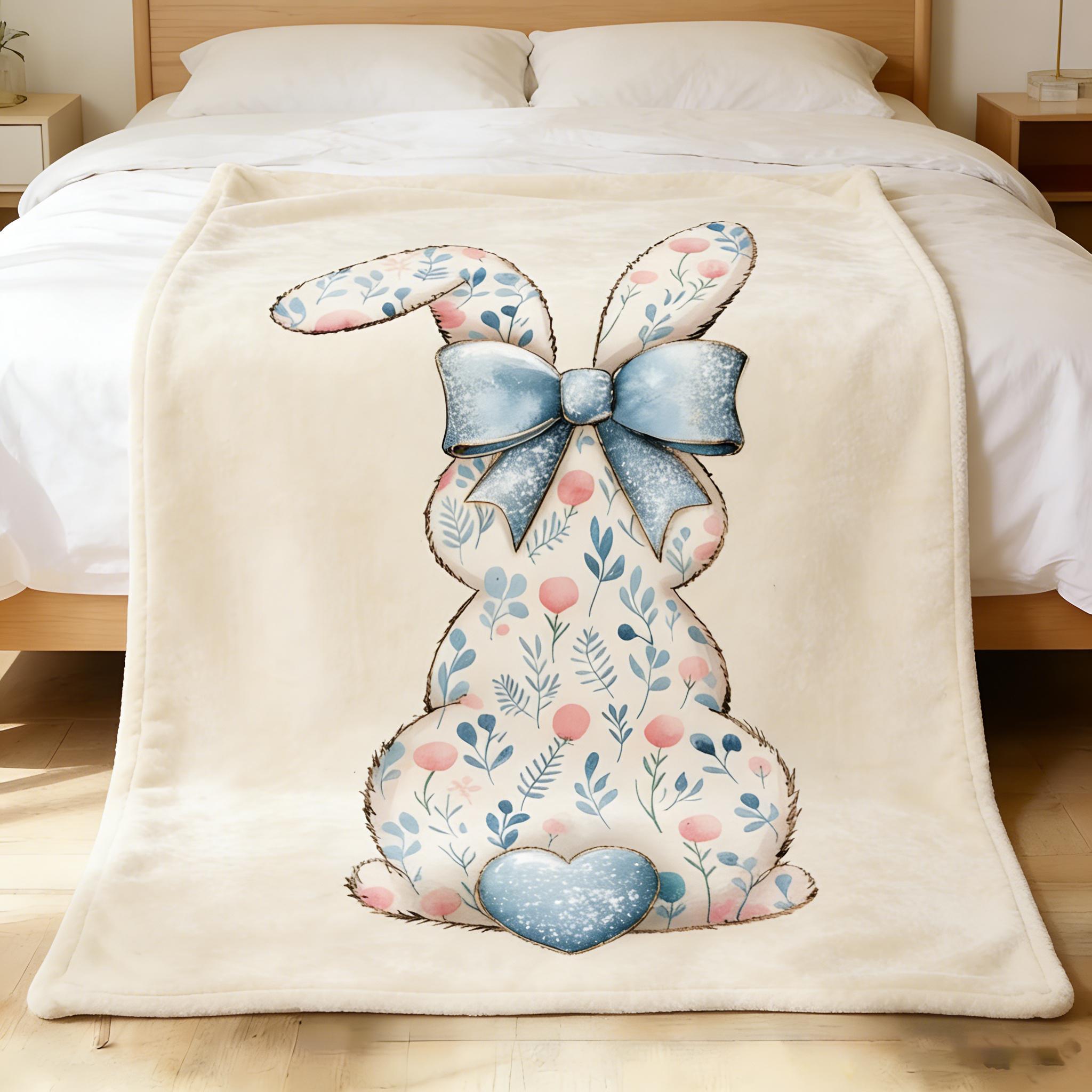 2026 New Flannel cartoon style Easter Bunny Butt Blanket with Blue Bow, Aesthetic Floral Rabbit Flannel Blanket, Warm Cozy Home Decor for Spring Applies to Super soft  decorative sofa/sofa/bedroom
