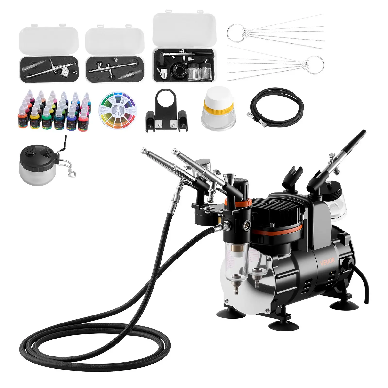 Airbrush Kit, 1/6 HP, Air Brush Kit with Air Compressor, 3 Dual-Action Professional Airbrushes with 3 Tips, Hose, Acrylic Paint, Brush, Low Noise, for Cake Decorating, Model Painting, Nail Art