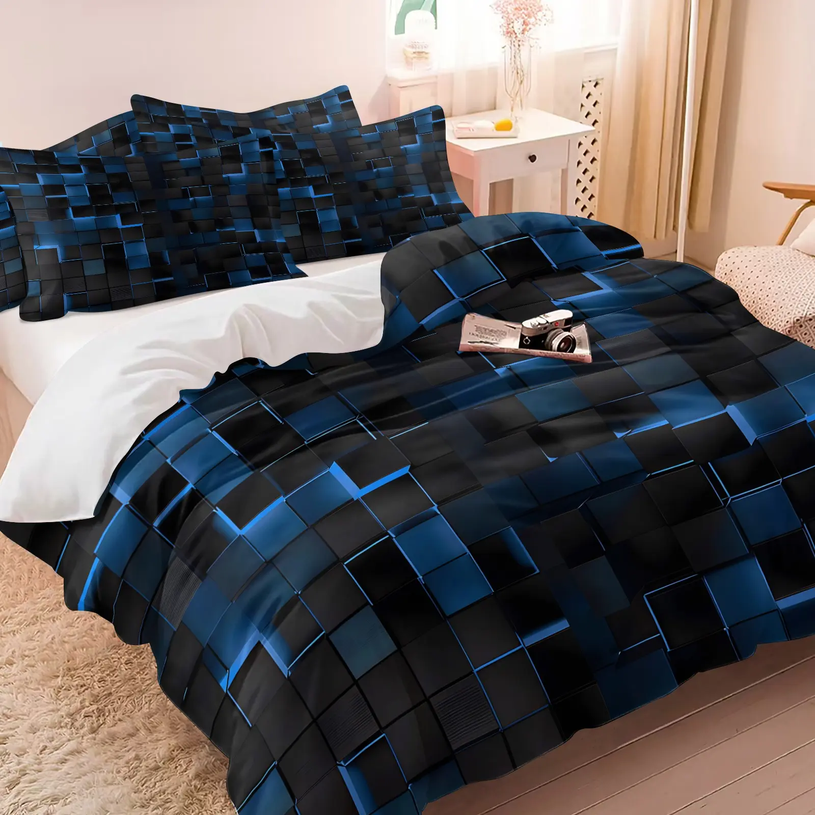 3PCS 3D Stereo Blue Black Block Grid Duvet Cover Set (1 Duvet Cover + 1-2 Coreless Pillowcases), Abstract Geometric Square Full Print Pattern, Ultra-Fine Fiber Comfy All Seasons Bed Linens, Ideal for Modern Mens Teen Bedroom Dorm Decor