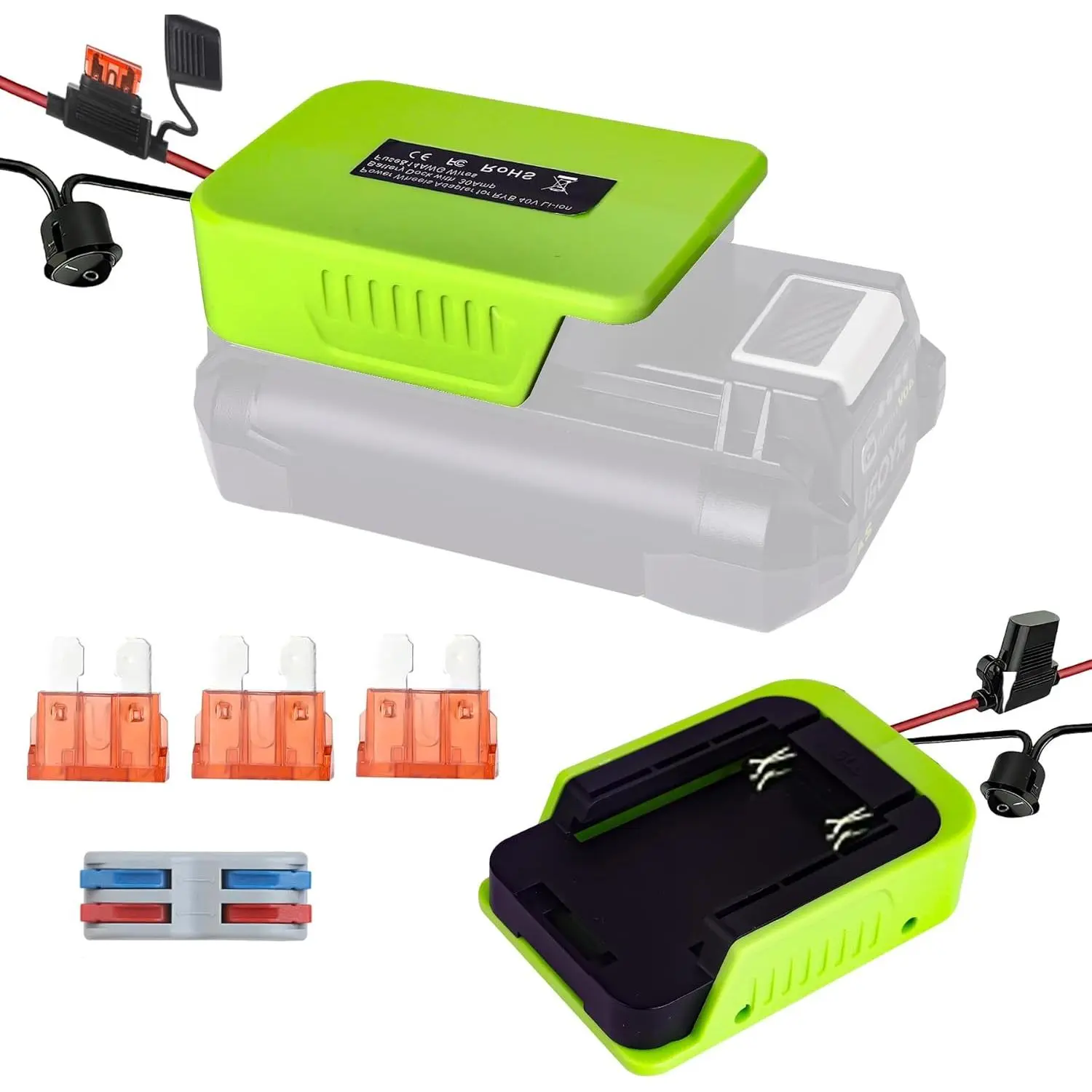 for Power Wheel Adapter Compatible with RYOBI 40V Battery, Dock Battery Adapter with Fuse, 14 Gauge Wire Power Tool Converter for RC Cars, Robotics, DIY Projects, Green (No Battery)