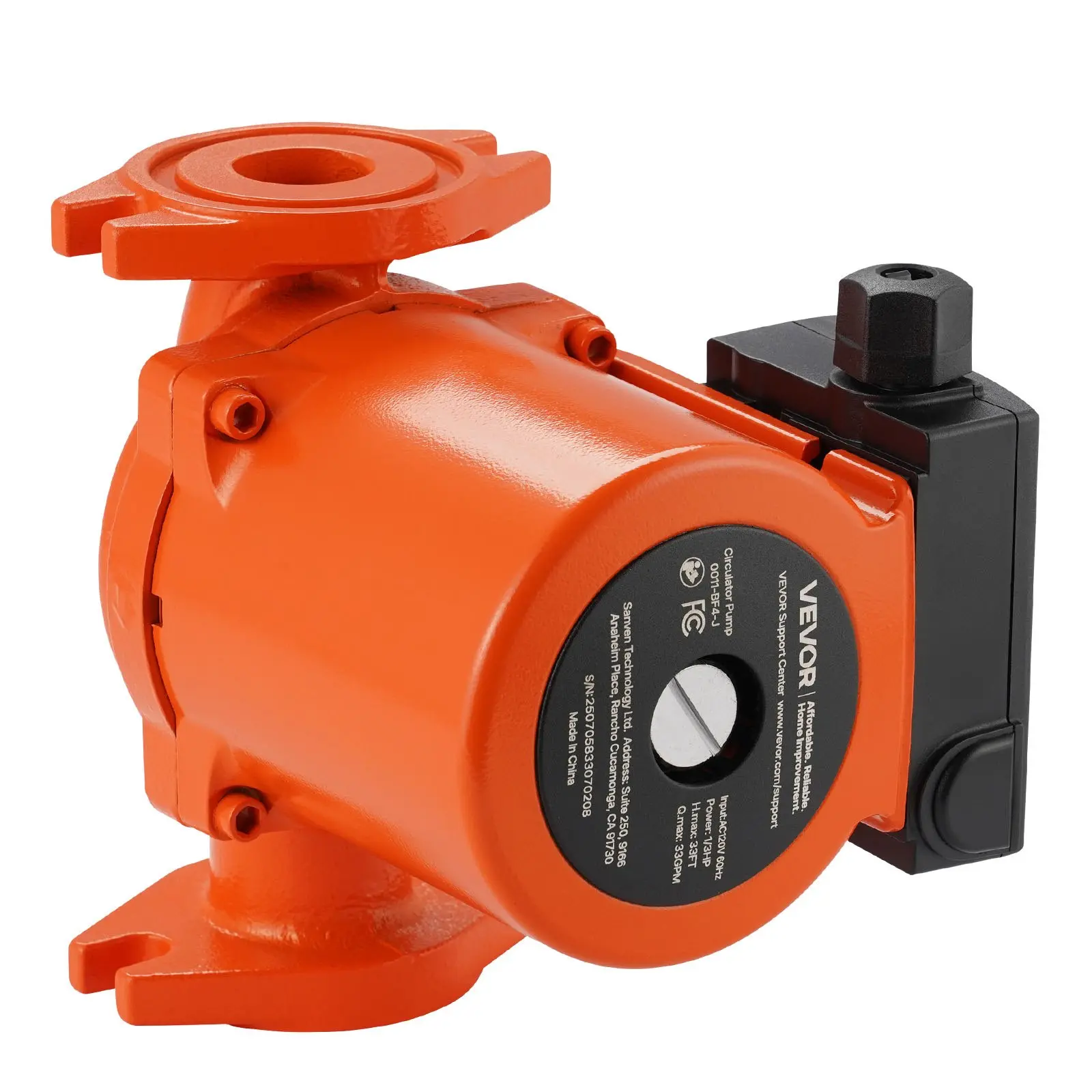 VEVOR 0011-BF4-J Cast Iron Circulator Pump - 1/3 HP, 120V AC, 33 GPM, 33 ft, 1-1/4 in Flanged, 3-Speed, Quiet, High Temperature Resistance, Built-In Check Valve, Dustproof, 248.57w±15%, 6.46x6.54x5.63 in, for Home Heating Boilers, Quick Heat