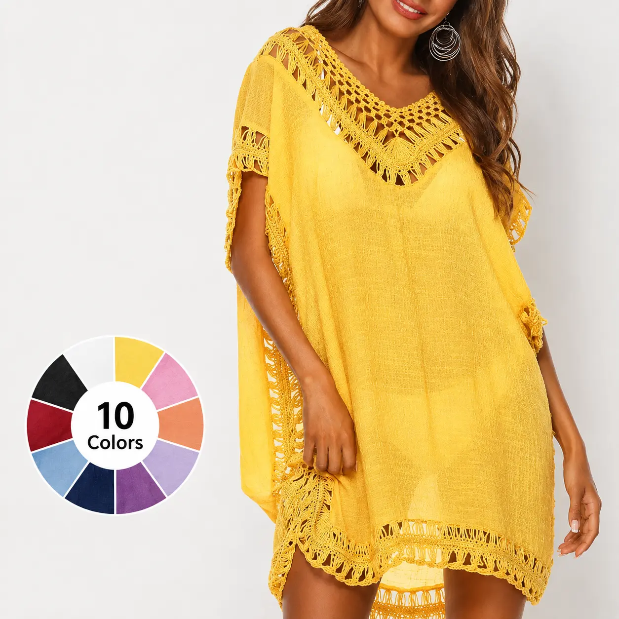 Women's Handmade Crocheted V-Neck Hollow Out Mini Beach Dress, Breathable Swimwear Cover Up, Beach Wear Skirt