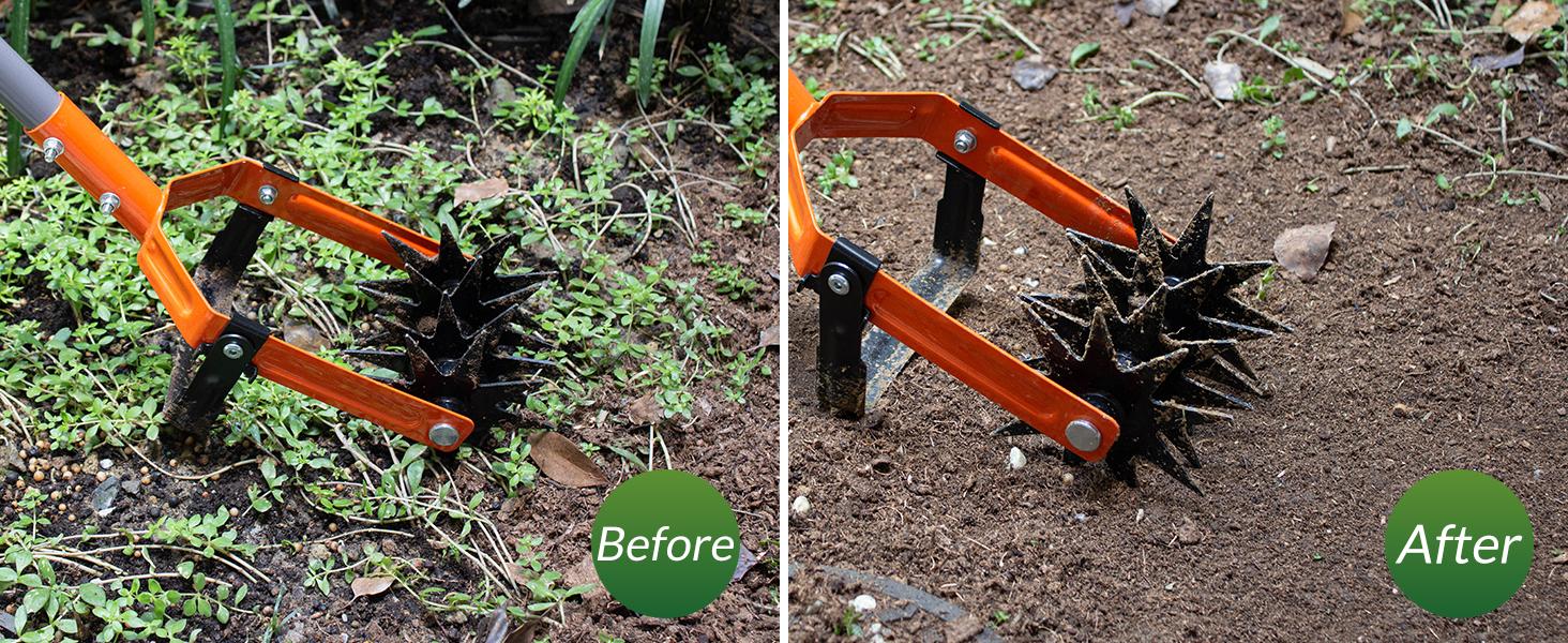 Rotary Cultivator Garden Tool, Adjustable Long Handle Hand Tiller with Star-Shaped Rolling Tines, 2-in-1 Weeder & Soil Aerator for Lawn Care, Reseeding Grass, Soil Mixing, Manual Yard Tiller