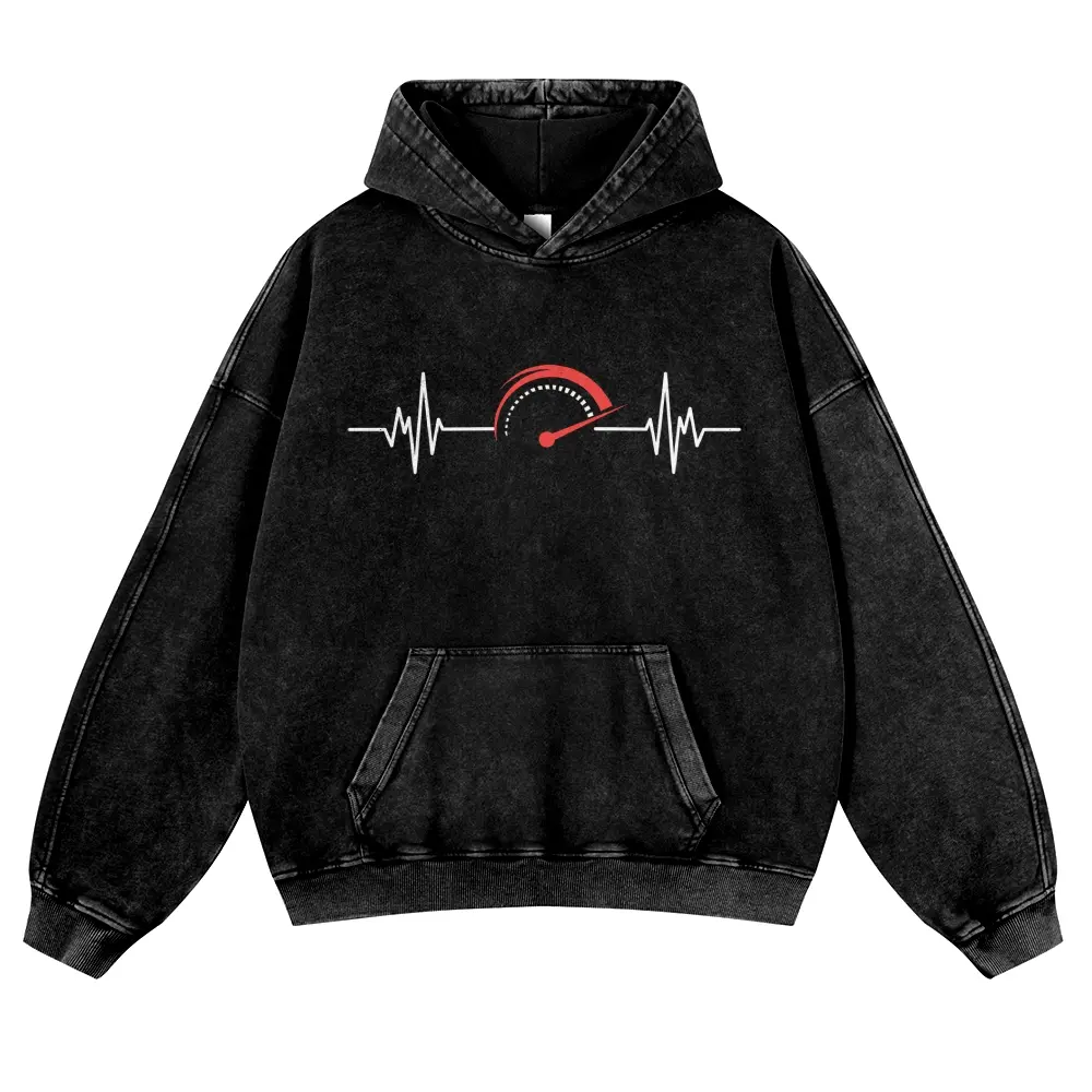 Vintage Acid Wash Black Graphic Hoodie | Unisex Oversized Car Heartbeat Speedometer Streetwear Pullover | Funny Car Guy Gift Racing Tachometer Redline Sweatshirt Y2K Aesthetic