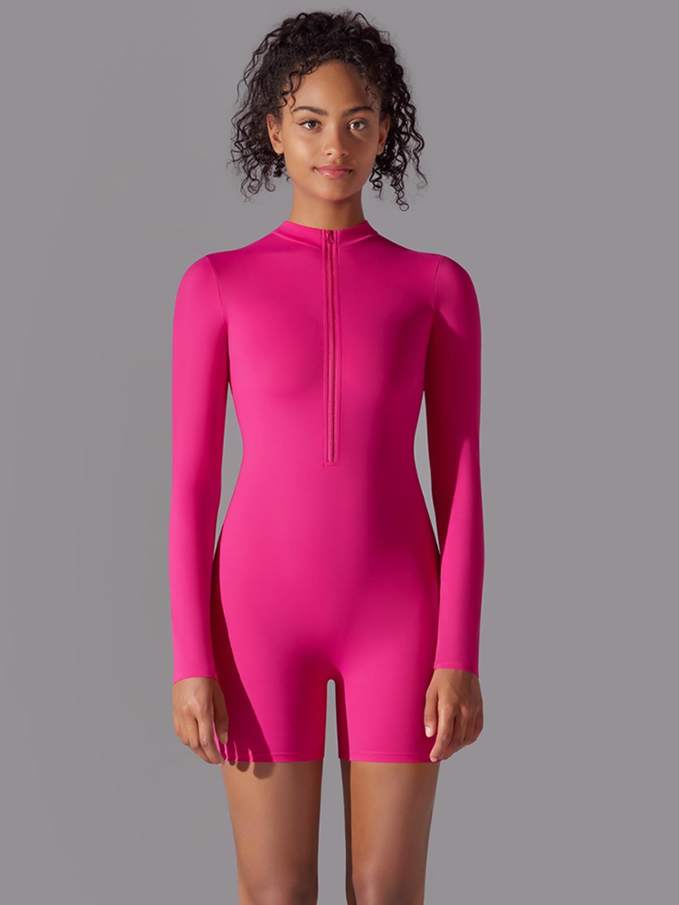 Women's Solid Zip Up Thumb Hole Design Sports Jumpsuit, Long Sleeve Stand Collar Jumpsuit for Yoga Gym Workout, Ladies Sportswear for All Seasons, Stretchable Activewear