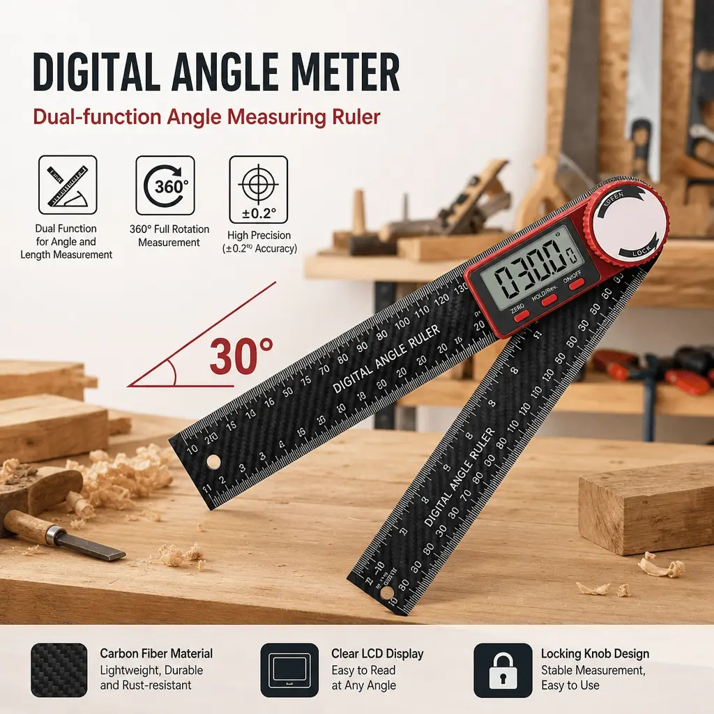 Digital Protractor 200mm 2-in-1, 360° Rotating High Accuracy Portable Angle Measuring Tool for Construction, Woodworking, Auto Repair, DIY