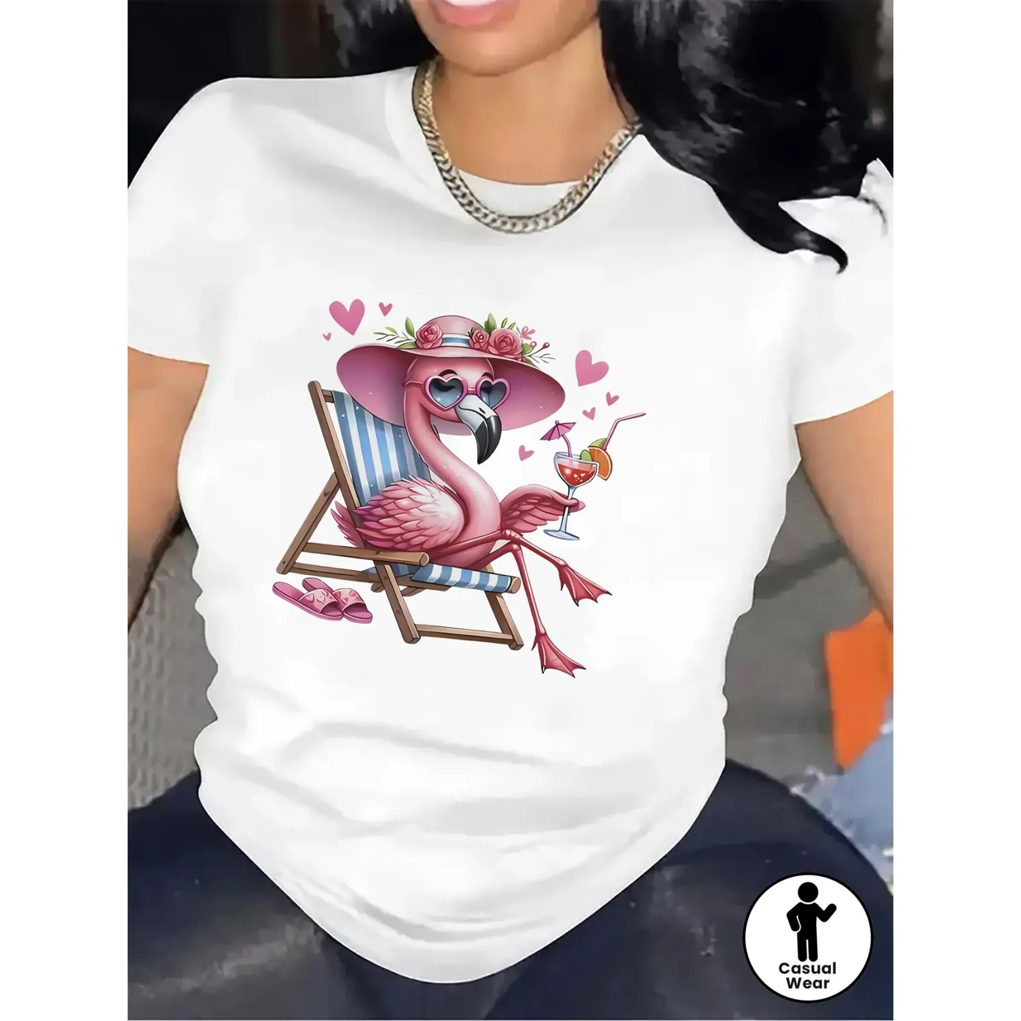 Lightweight And Comfortable Short-Sleeve T-Shirt Made Of, Designed with a Flamingo Print, Perfect for Home Or Restaurant Settings. It'S Durable And Ideal for Casual Outings, Showcasing an Adorable Pink Flamingo Graphic on Soft Fabric