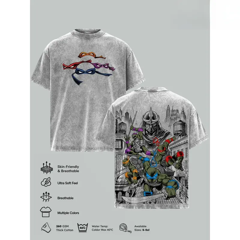 Vintage Black Washed TMNT T-Shirt, Front "Turtles" Logo & Side Weapon Flags + Back Full TMNT & Shredder Print, Oversized Unisex Tee for Retro Anime Fans & Street Style