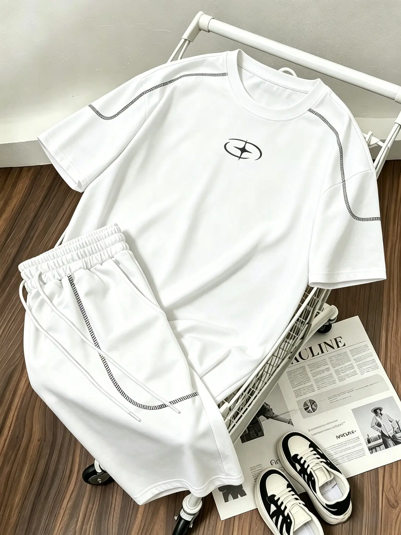 Men's 2-Piece Set Outfit, Body Silver Color Four-Point Star Logo, Short Sleeve and Shorts, American Minimalist Casual Sporty Style, Breathable and Loose Fit