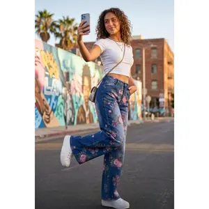 TCH Vintage Bloom Wide【B】-Leg Denim Jeans – High-Waist Blue Floral Print Statement Pants, Y2K Streetwear Inspired Jeans