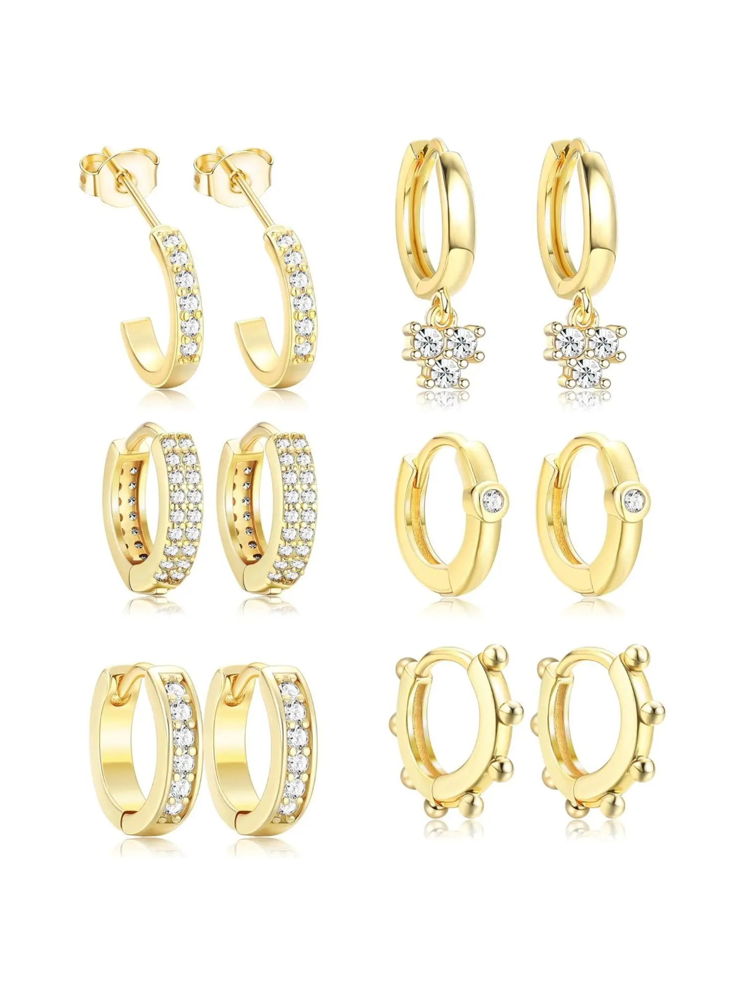 6 Pairs Golden Stainless Steel Huggie Earring Set Sparkling CZ Small Click Hoop Earrings Pack for Women, Earring Stacks, Distinct Styles Starter Jewelry Gift Gentle on Earlobes Fresh Piercings for Birthdays Piercing Beginners, Hoop Earrings