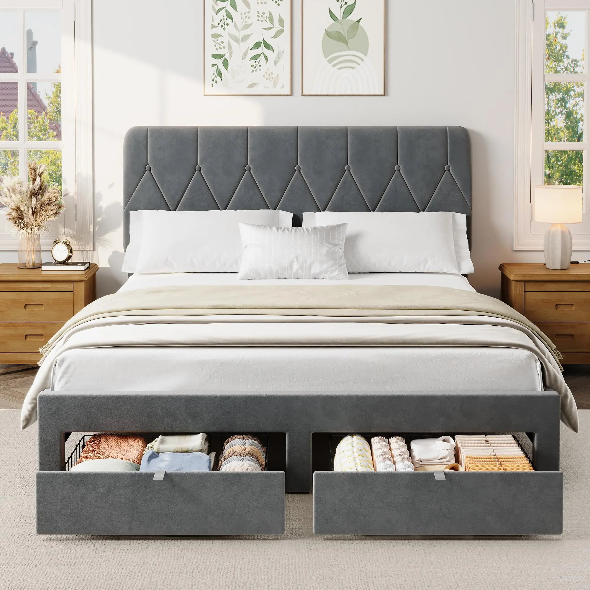Full/Queen Platform Bed Frame – Velvet Upholstered, 2 Drawers for Storage, Headboard, Wooden Slats Support, No Box Spring, Quick Assembly