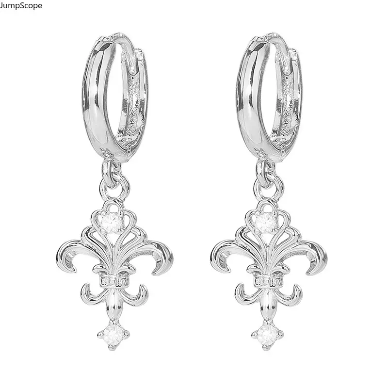 Silver Fleur De Lis CZ Drop Dangles Huggie Hoop Earrings - Clip-On Type, Gothic Punk Vintage Iris Flower, Party Wear Indoor Recreation Jewelry Gift For Couples, Hoop Shape
