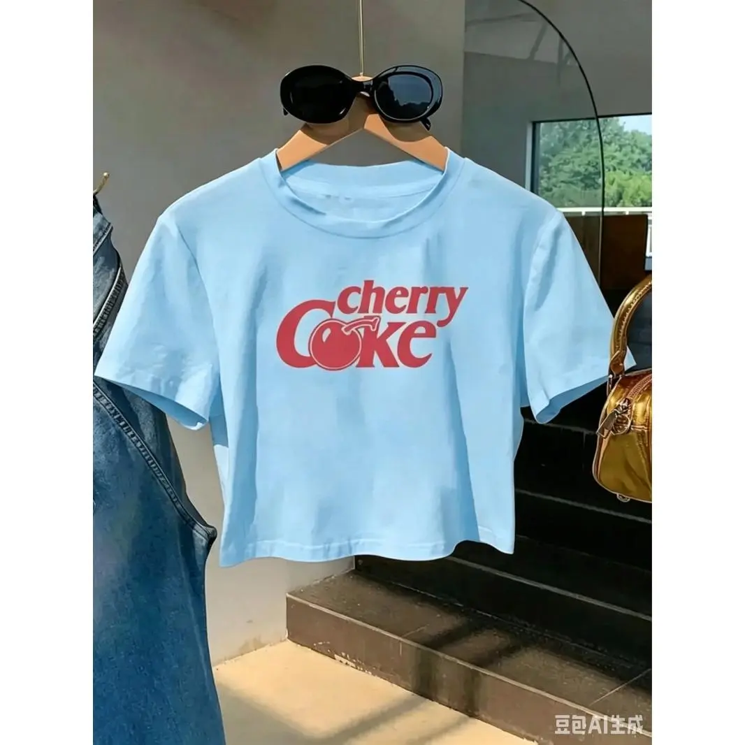 Cherry Coke Print White Crop Tee Y2k Aesthetic Short Sleeve T Shirt For Women Casual Summer Soft Cotton Top Cute Streetwear Daily Outfit For Teen Girls