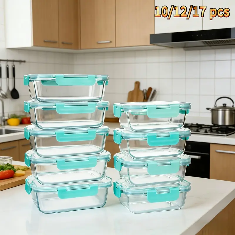 10 Piece Borosilicate Glass Food Storage Containers with Removable Lids Colorful Square Meal Prep Containers Leakproof Locking Lids BPA Free Microwave & Dishwasher Safe Lunch Boxes Party Storage Organ