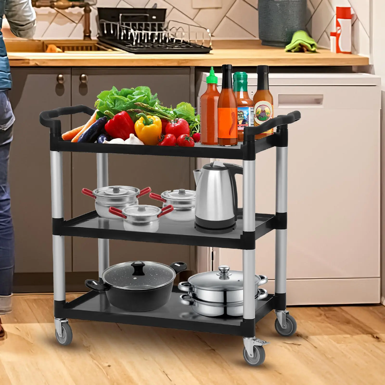 Heavy Duty 3-Tier Aluminium Utility Service Cart with Lockable Swivel Wheels, 450lbs Capacity Rolling Push Cart with Metal Frame, Handles & Shelves, Commercial Grade Plastic Storage Organizer for Kitchen, Garage, Shelf
