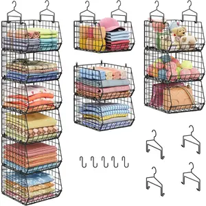 6-Tier Extended Depth Hanging Closet Organizers and Storage for Closet Organization, Stackable Hanging Shelves with Hooks for Clothes Sweaters Towels Purses, Fits Closet Shelves & Wire Metal Shelving