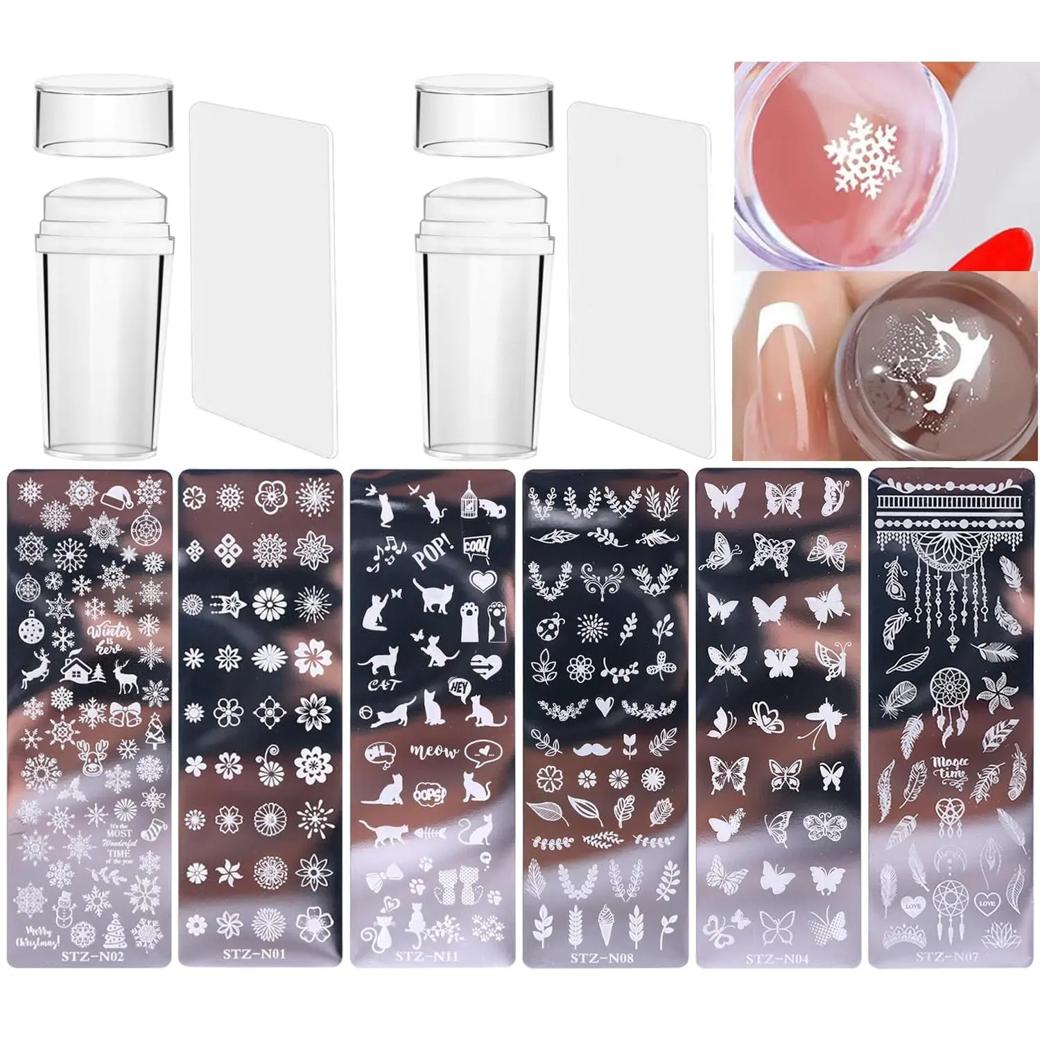 10 Pcs Nail Stamp Template Kit with 2 Stamper 2 Squeegee 6 Pattern Templates, for DIY French Style Nail Art Designs Manicure Nail Decor Supplies