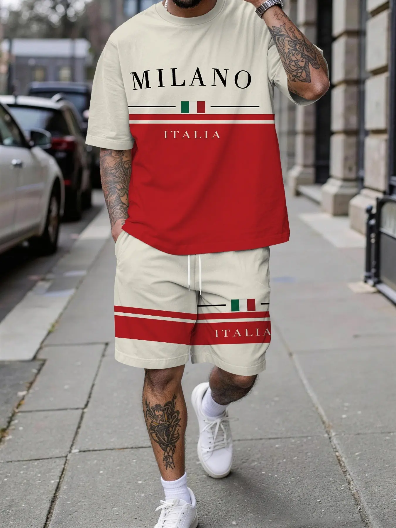 Men's casual two-piece set, retro European city letter top and shorts, loose casual aesthetic outfit set
