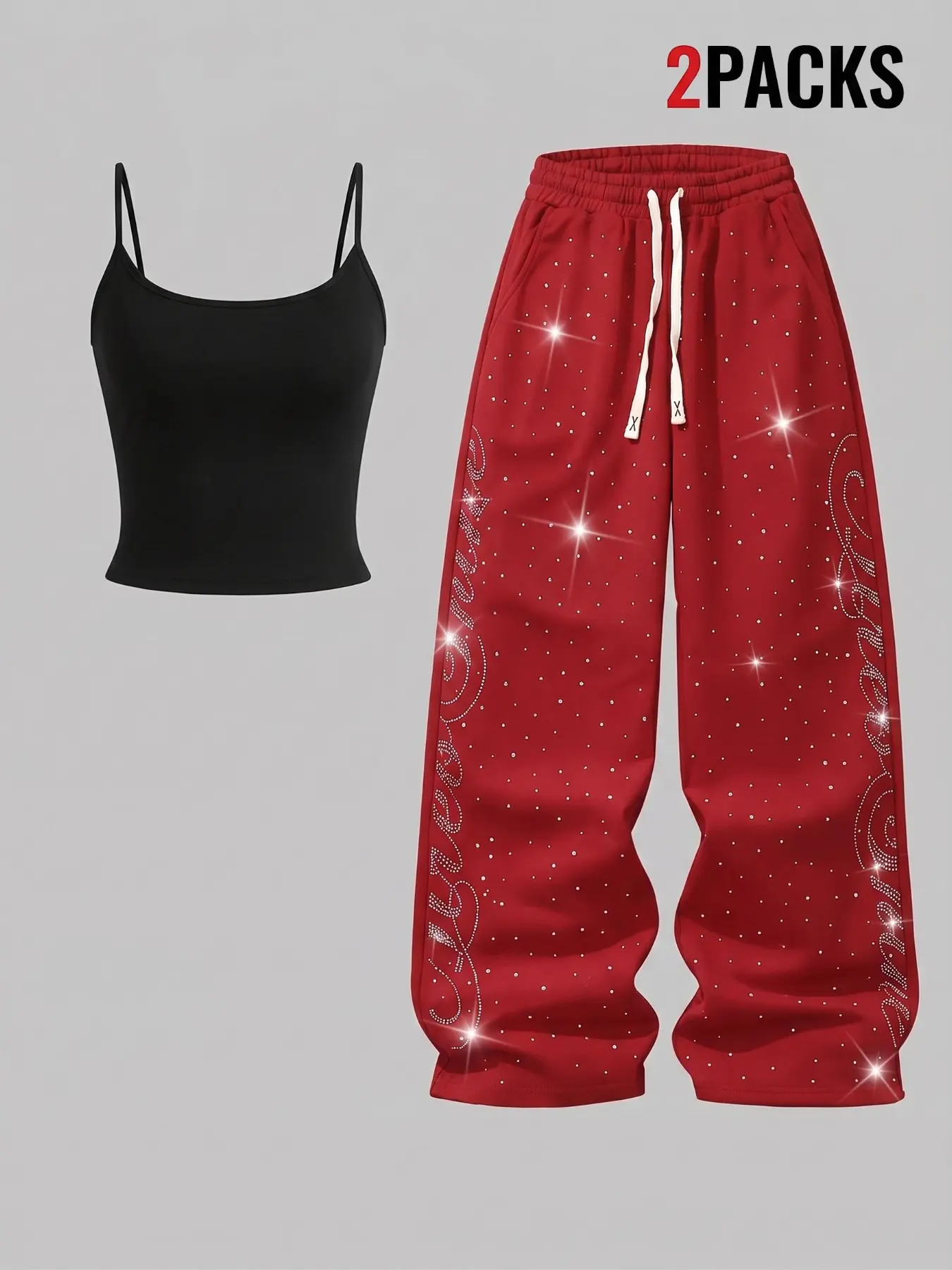 American Spice Vibe: Black Camisole Top and Rhinestone Wide-Leg Pants 2-Piece Set for a Trendy Street Look 🖤 #y2kstyle #streetwear #matchingset
