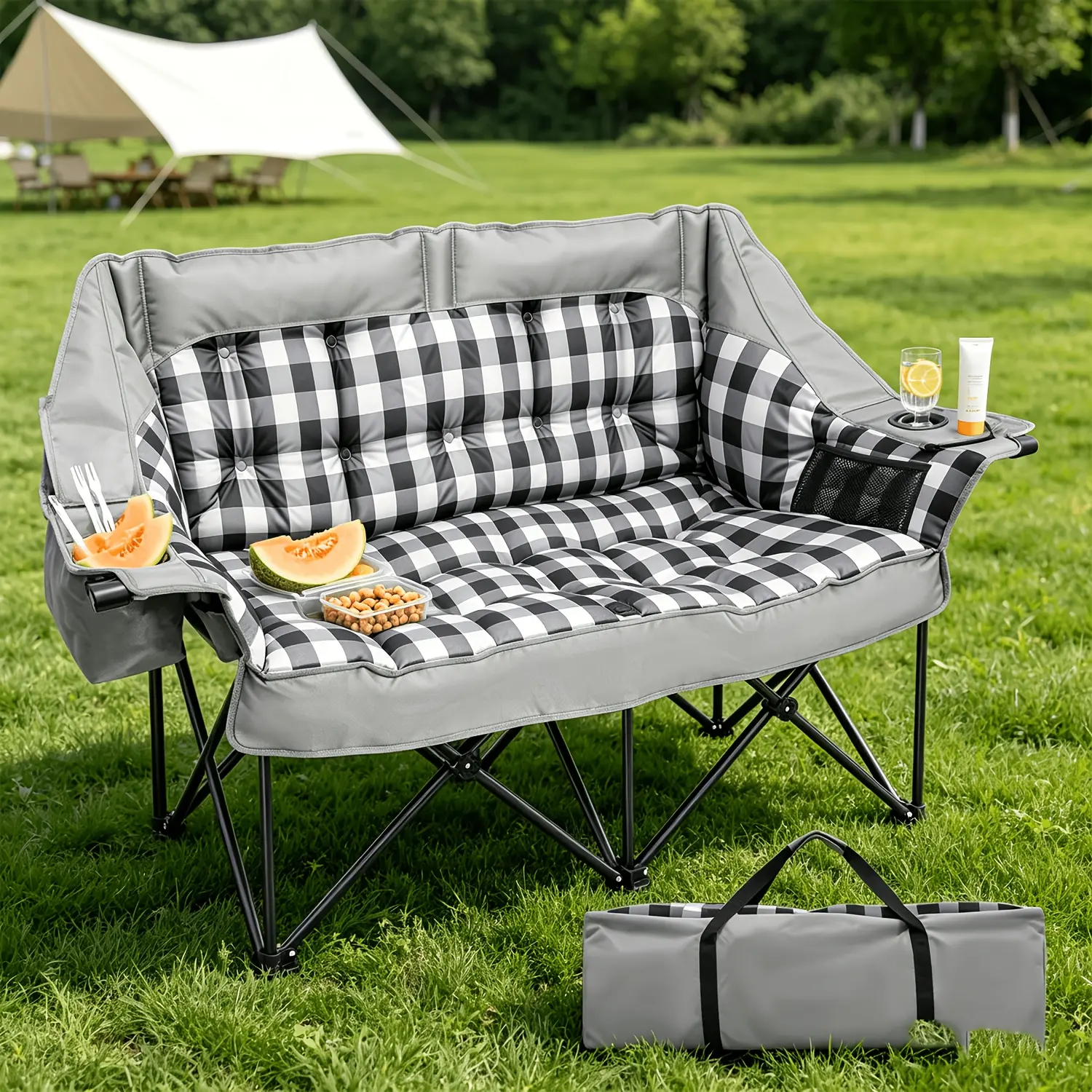 Double 2 Person Padded Camping Chair, Heavy Duty Oversized Camping Loveseat, Portable Folding Sofa with Cup Holders & Cooler Bag for Outdoor Lawn Beach