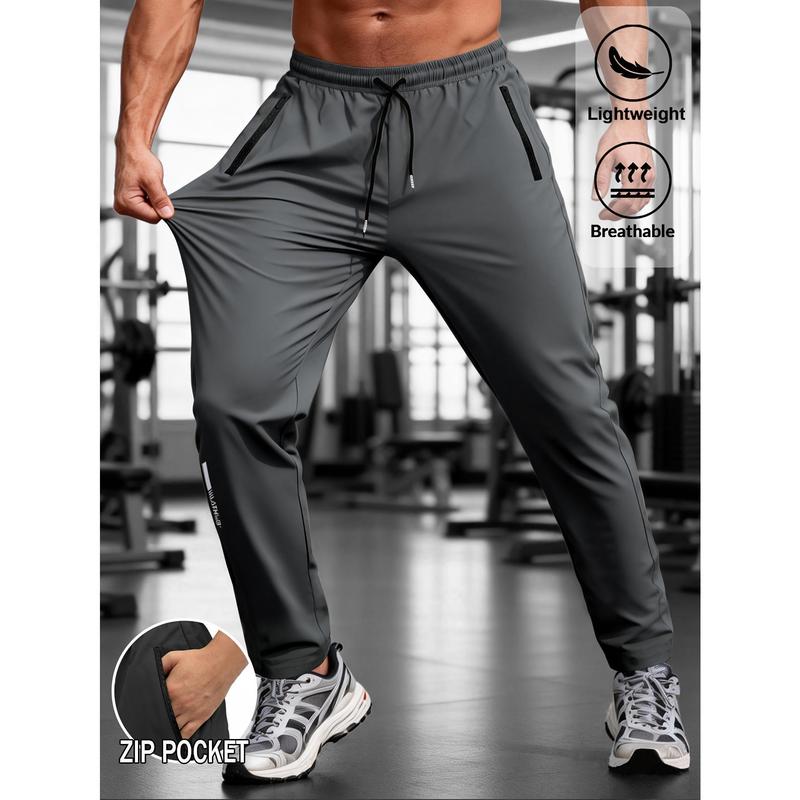 Men's Sporty Chic Full-Length Nylon Jogger Pants - Quick-Dry, Breathable, Water-Resistant Fabric, Drawstring Waist, Straight Legs, Zippered Pockets, Machine Washable, Cold Wash Compatible, Normal Type, Slogan Design, Ideal for Gym, Running, Casual Wear