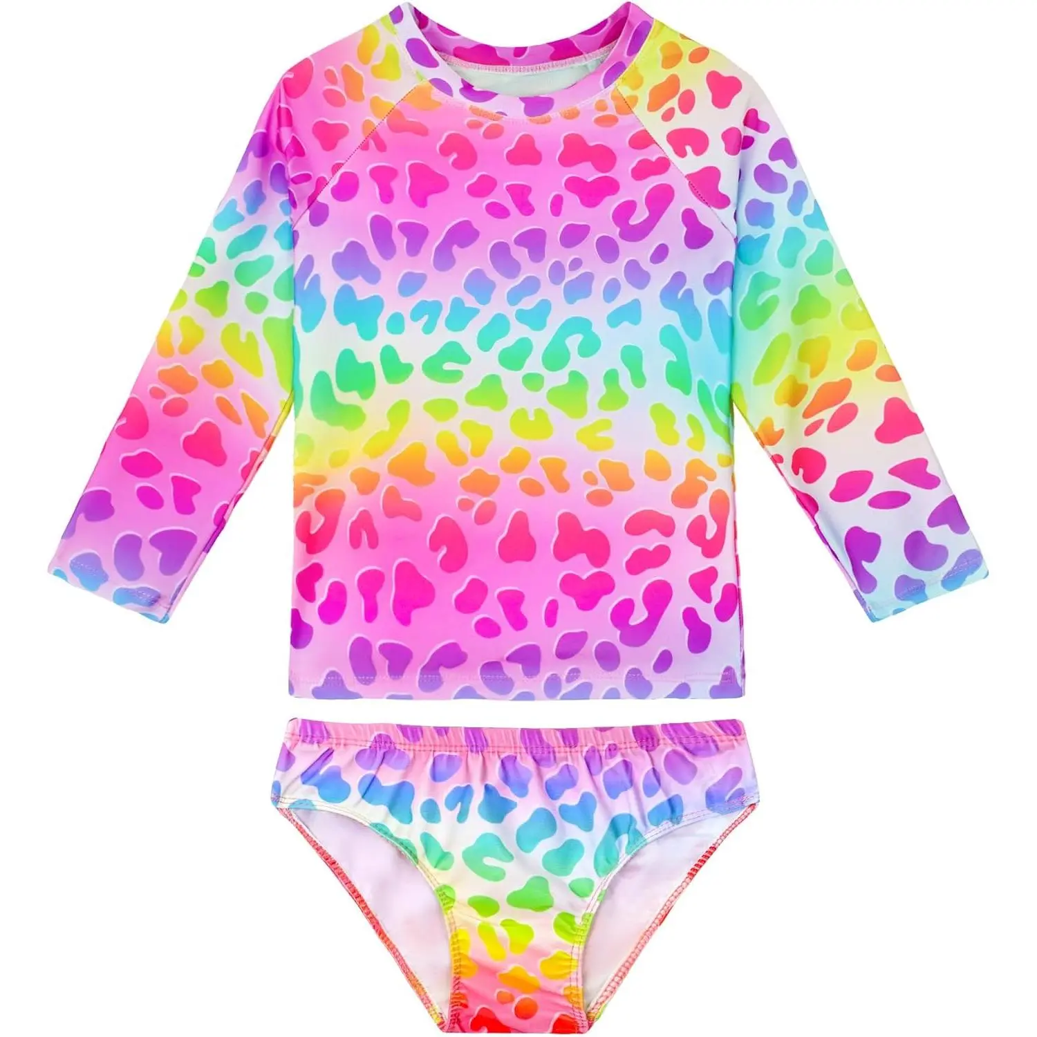 Girls' Long-Sleeve 2-Piece Rainbow Unicorn Graphic Rash Guard Tankini Swimsuit Set, Bikini-Inspired Beachwear for 3-12 Years (Cruise, Party Gift)