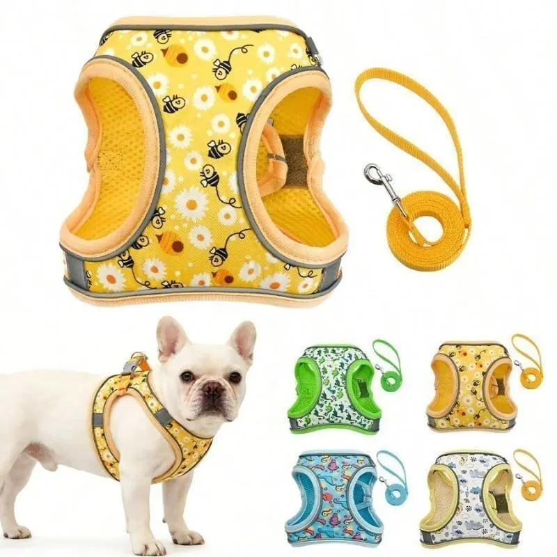 Cute Multicolor Fruit Print Dog Harness and Leash Set, Breathable Polyester Mesh Vest for Small to Medium Dogs, Anti-Escape Design with Reflective Strips, Collars & Harnesses & Leads, Cartoon, Daily Walks, Small-Medium, None, Durable Reflective Harness, B
