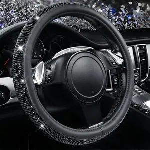 Bling Diamond Leather Steering Wheel Cover, With Sparkly Crystal Glitter Rhinestones Universal Fit 14"1/2-15" Car Wheel Protector for Women Girl Fit Suvs,Vans,Sedans,Car,Trucks, Black Diamond
