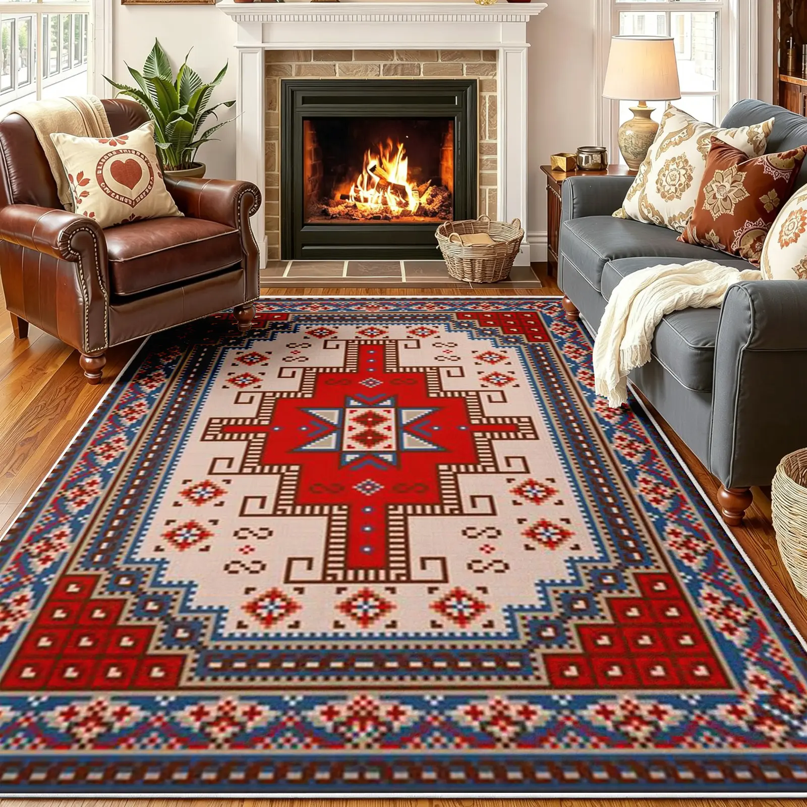Navajo Style Area Rug, Bold Red Geometric Cross & Stepped Block Pattern on Cream Ground, Non-Slip Washable Carpet, Soft Durable Floor Mat, Aesthetic Rugs for Living Room Bedroom Home Decor, 8 x 10 ft Area Rugs
