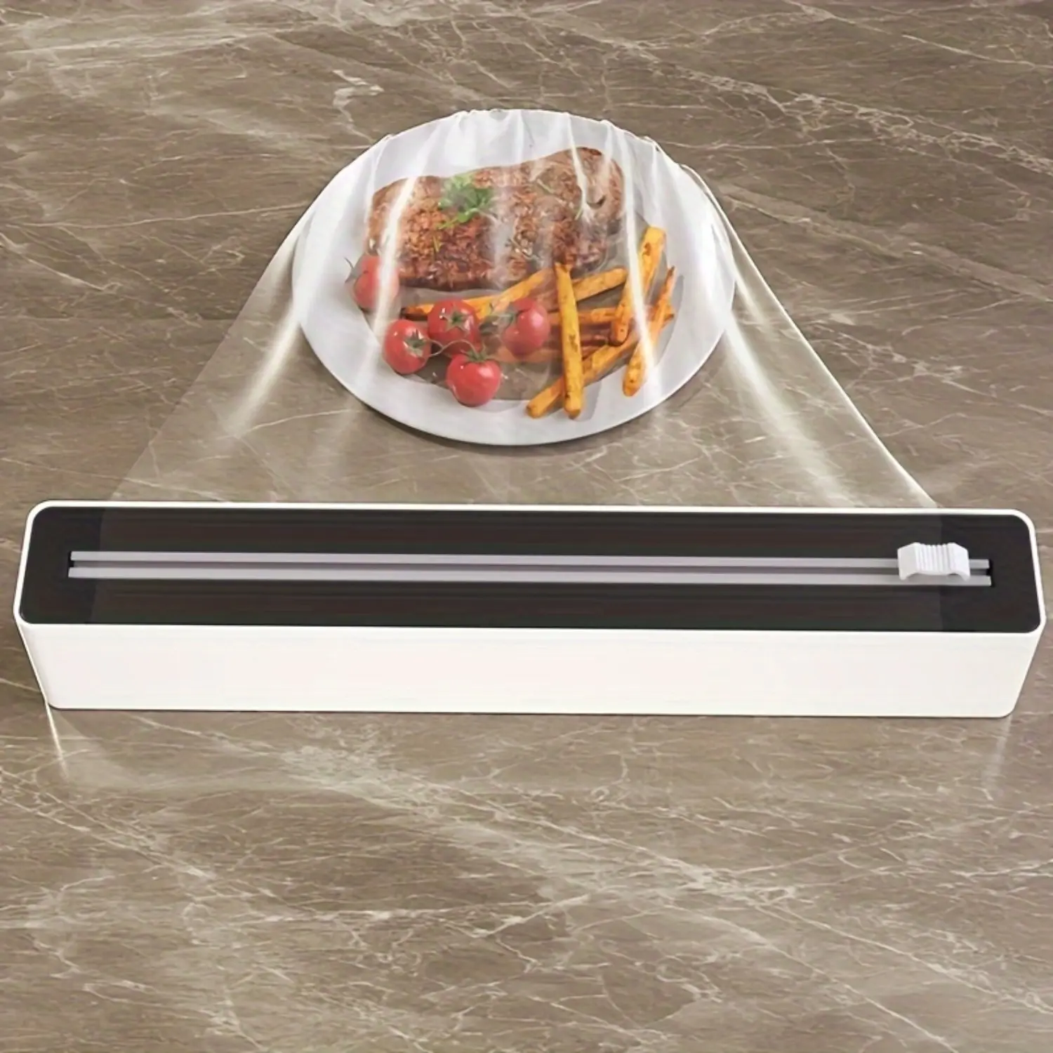 1pcs 2-in-1 Plastic Food Wrap Dispenser with Cutter, Reusable Kitchen Cling Film Cutting Storage Box, Safe Non-food Contact Structure, Space-saving Design Fits Kitchen Drawers, Practical Household Gadget for Daily Food Fresh Wrapping Storage