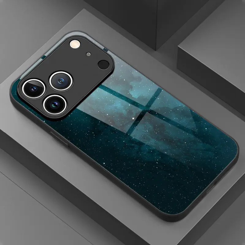Tempered Glass Protect Cover for iPhone Series - Deep Blue Nebula Starry Sky Pattern, Black Premium Business Style, Multi-Model Protective Phone Accessory for iPhone 17 Air,16,15 Pro Max,14 Plus,13,12,11 (for Men)