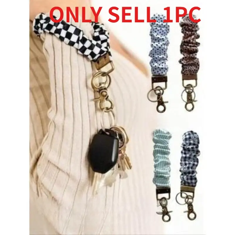 Stylish Checkered Scrunchie Keychain Wristlet for Women, Elastic Fabric Key Ring Bracelet with Secure Clip Closure, Portable Wrist Strap Key Holder for Daily Shopping & Outdoor Outings