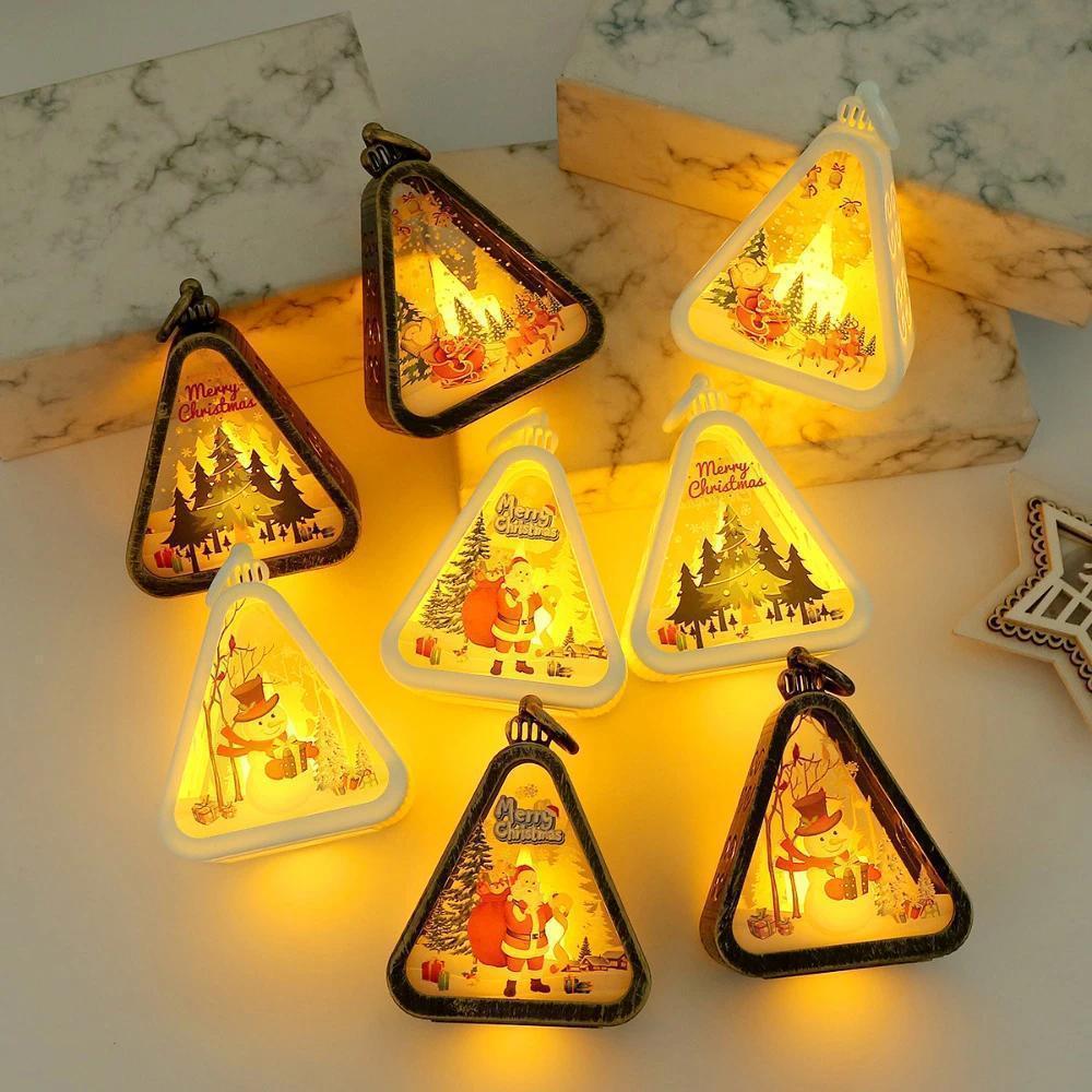 Christmas Triangle Lantern Plastic Santa Claus Snowman Tree Festival Lamp Mini Table Ornaments Home Decoration Party Scene Props