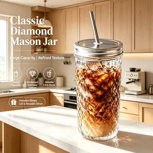 Luxury Rhombus Embossed Mason Jar, Sealed Leak-Proof Silver Color Lid, Ideal for Iced Latte, Bubble Tea, Homemade Cocktails, Refrigerator Storage