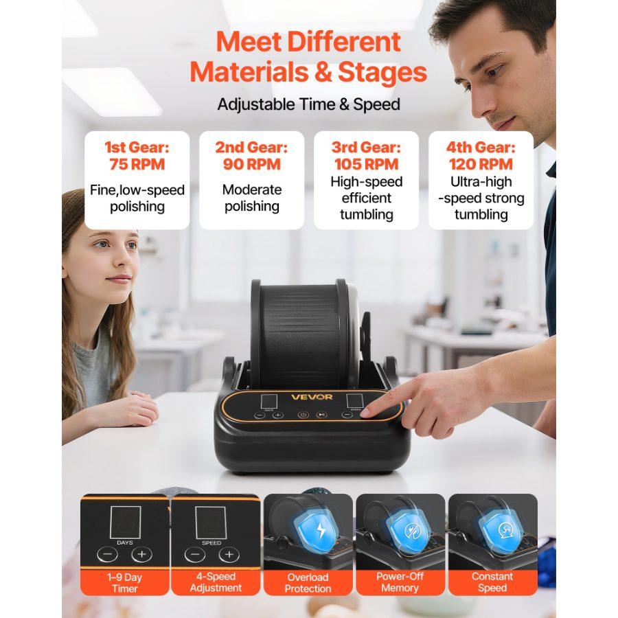 VEVOR Rock Tumbler, 3 lb Rock Polishing Machine, Rocks Tumbling Kit with 4-Speed Adjustment, 1-9 Day Timer, PC Sound Reduction Cover TPU Drum, Direct Drive Motor Rocks Polishing, Quiet Operation