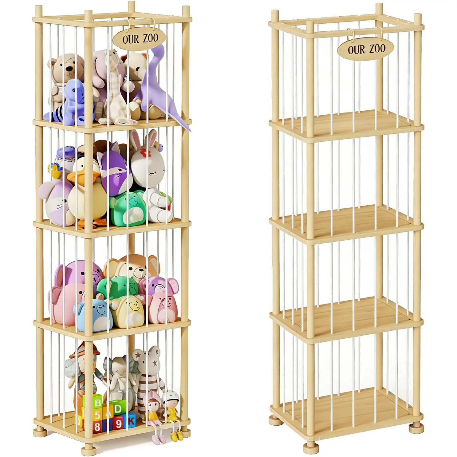 Sturdy Solid Pine Wood Rectangle Stuffed Animal Storage Organizer - Single Unit, Removable Shelves, Plush Toy Sorting Holder for Kids Room, Playroom Clutter Organization & Skill Building