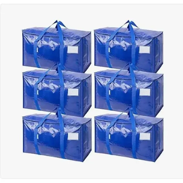 Set of 6 large-capacity, transparent, thick plastic storage bags with hinged lids. These sturdy, durable, and foldable storage bags are ideal for home use, camping, travel, attic storage, and moving.