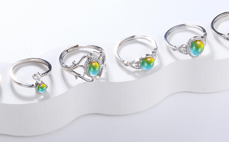 Adjustable 925 Sterling Silver Mood Rings for Women Handmade Oval Solitaire Ring Temperature-Control Changeable Ring Change Color Stackable Rings
