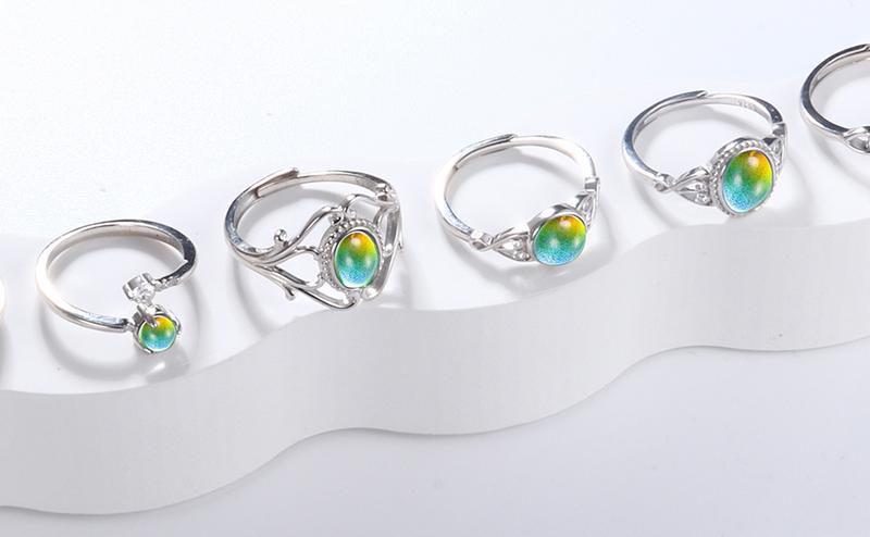 Adjustable 925 Sterling Silver Mood Rings for Women Handmade Oval Solitaire Ring Temperature-Control Changeable Ring Change Color Stackable Rings