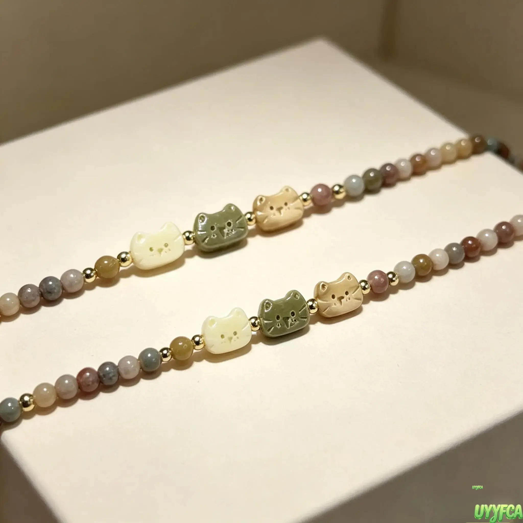 Viral Dainty Natural Stone Beaded Cat Bracelet For Women, Hand Carved Three Kitty Charm Stackable Wrist Jewelry, Earth Tone Matte Stone Bead Delicate Bracelet, Minimalist Kawaii Aesthetic Accessory For Daily Wear Best Friend Birthday Holiday Gift