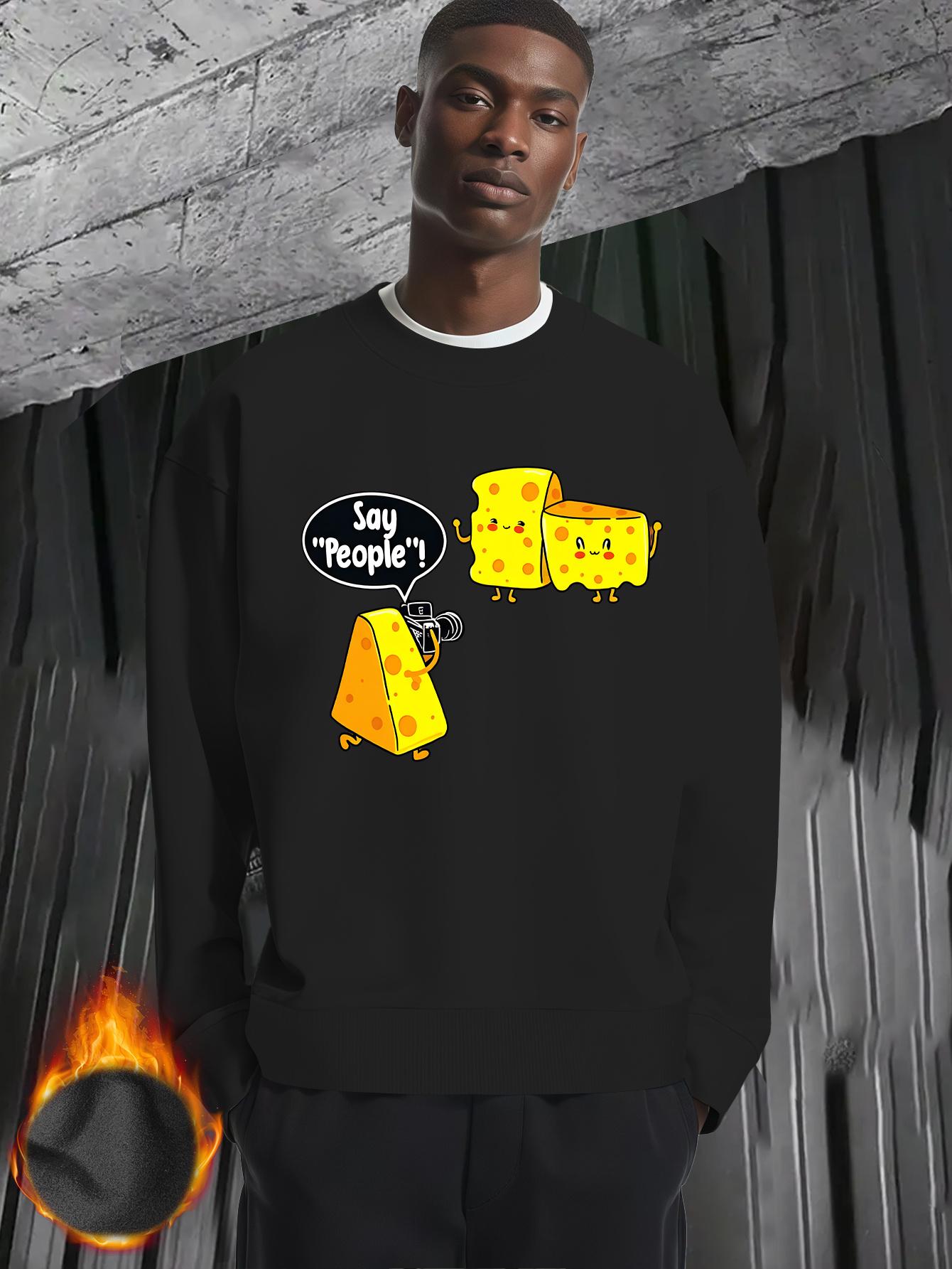 Men'S Funny Cheese & Cheese Slice Graphic Sweater - Oversized Round Neck Long Sleeve Thickened Winter Warmth, Loose Fit Casual Pullover with Cheese Slice & Cheese, Cheese Print - Comfortable Everyday Essential For Men, Cheese Sweater