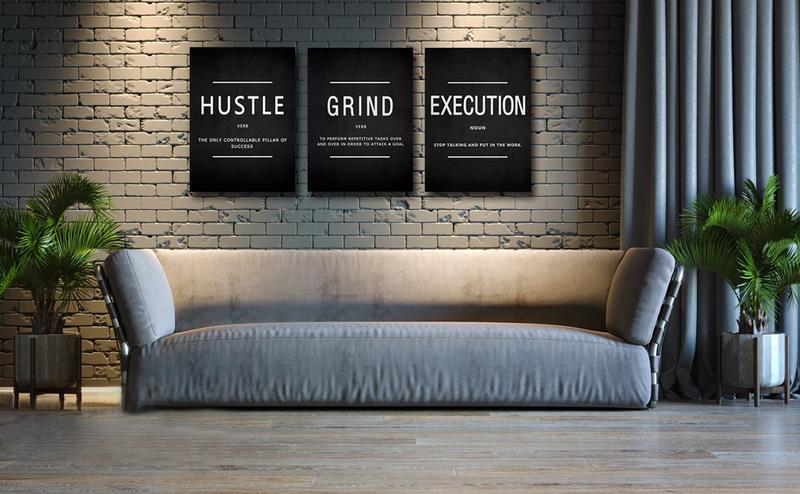 KAWAHONE Canvas Painting Wall Art, Grind Hustle Execution Motivational Wall Art Decoration Posters Prints for Living Room Bedroom, Office Decor, Gallery-Wrapped Canvas Art Set Framed Ready to Hang