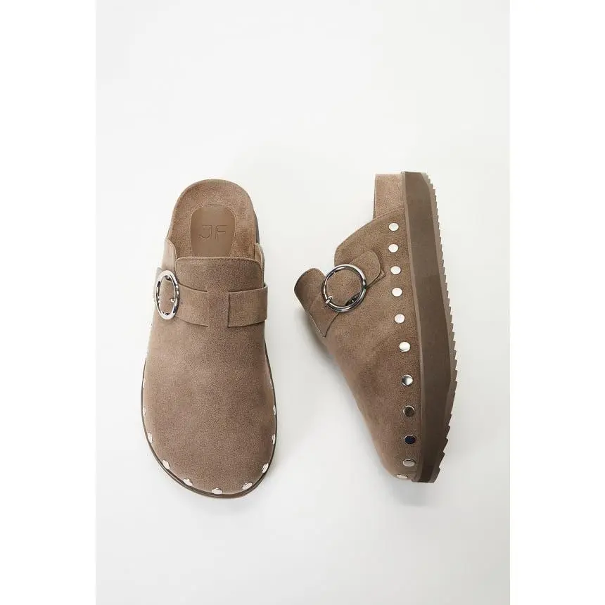 JUST FAB Women's Suede Platform Clog Mules - Slip-On Backless Slides with Studded Trim, Adjustable Buckle, 1.25" Chunky Sole, Roomy Round Toe, All Seasons Walking Shoes