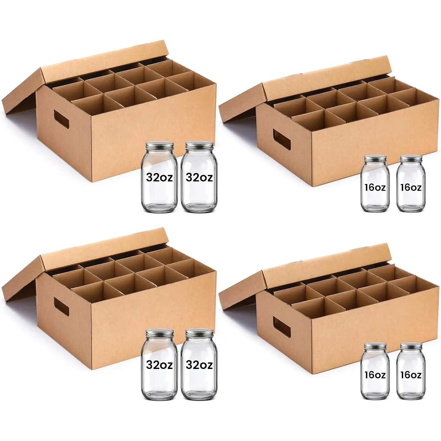4 Sets Mason Jar Storage Box, Fits 16 oz & 32 oz Regular or Wide Mouth Jars, Storage Containers with Handles and Dividers, 12 Cells Stackable Cardboard for Moving Home Supplies