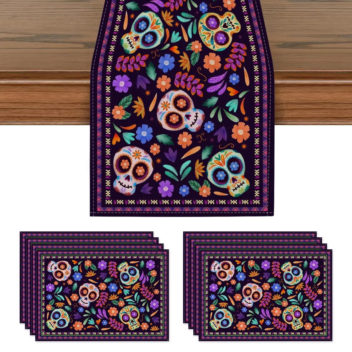 Halloween Skull Flower Table Runner and Placemat Set, 1/5/7 Piece, Festive Dining Decor, Kitchen, Living Room, Indoor Outdoor Use
