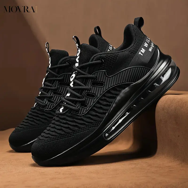MOVRA1 Men's Running Shoes, Solid Color Low-Top Lace-Up Athletic Footwear with Breathable and Air Cushion, Cushioned All Seasons Wear, Laces, Leather