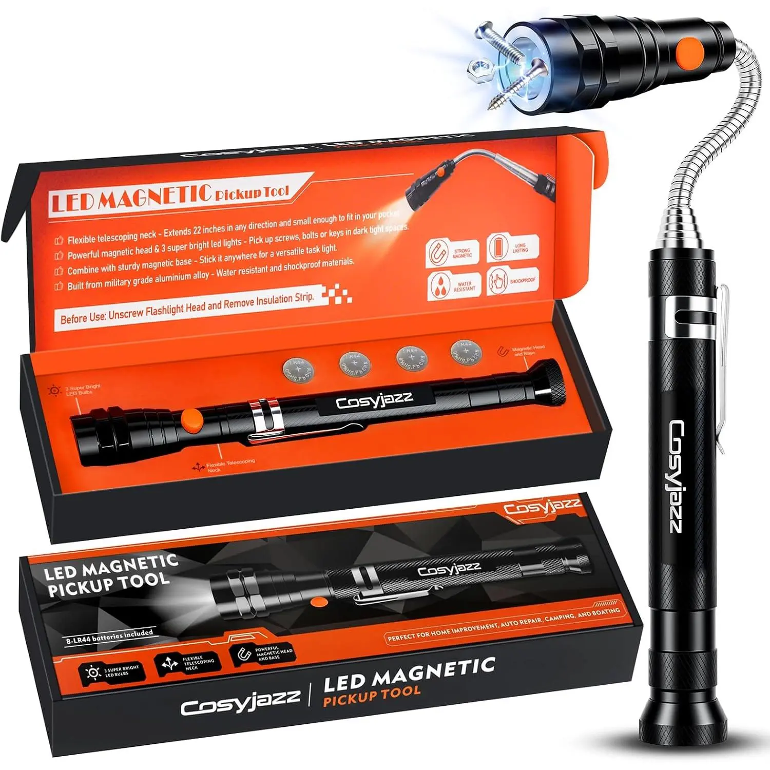 Pickup Tool, Flashlight with LED Flashlight and Extendable Neck, Cool Gadget for Men, Dad, Husband, Mechanic, Tech, Handyman
