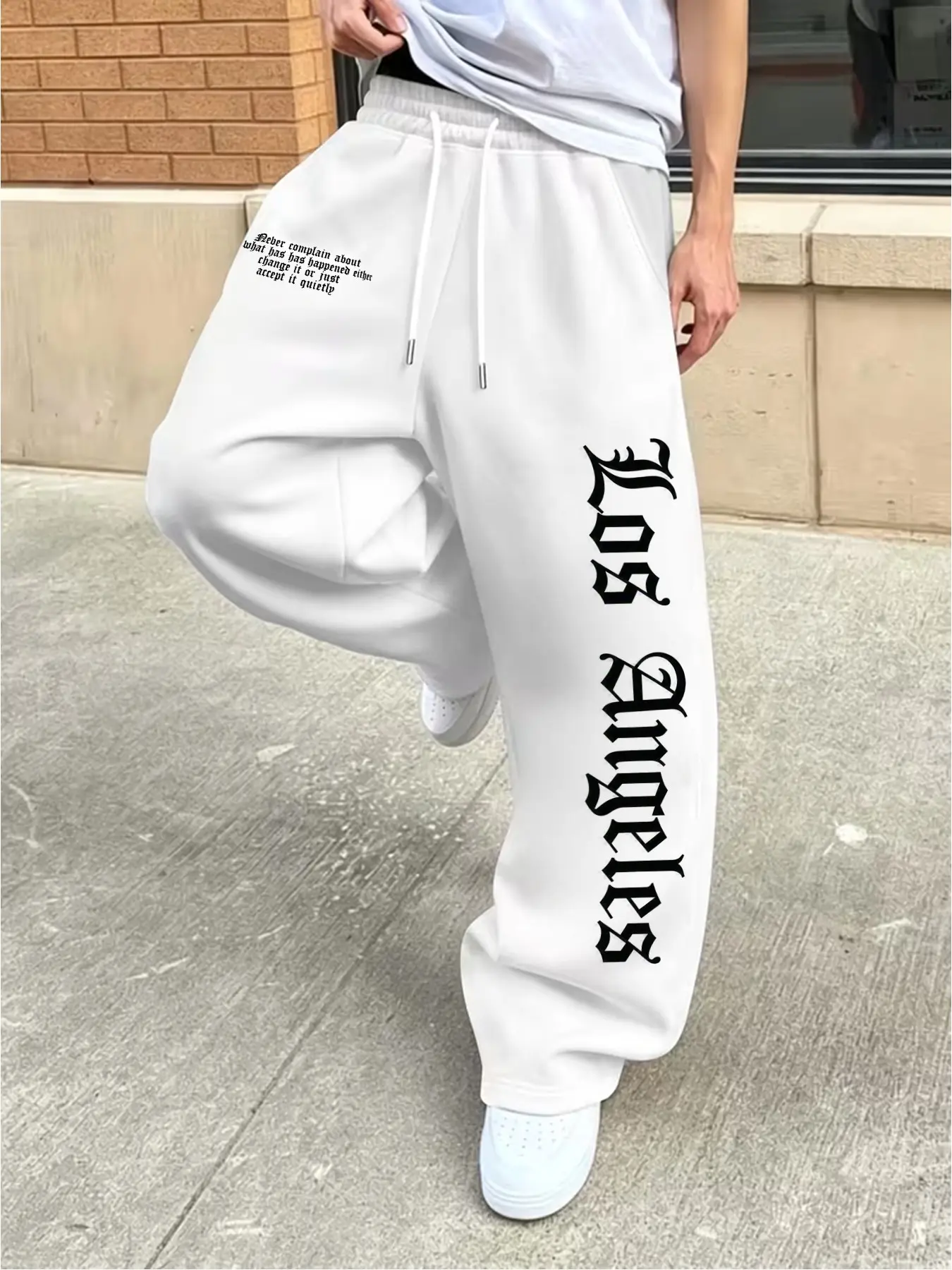 Black Wide-Leg Sweatpants with Vertical Gothic "Los Angeles" Letter Print, Drawstring Waist LA American Streetwear Draping Straight Floor-Length Pants